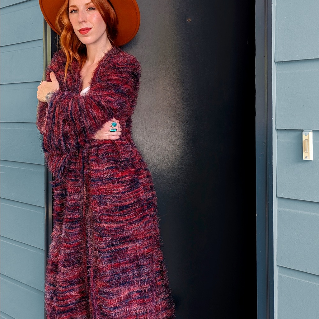 Band Of The Free Sunset Boulevard Eyelash Sweater Fluffy Red & Purple Duster